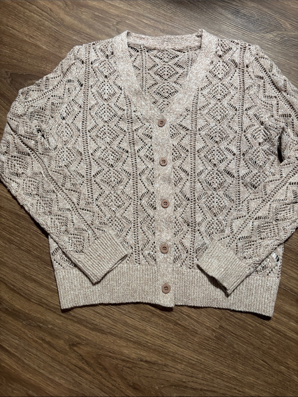 Women’s Knit Lace-Pattern Cardigan Sweater Beige small